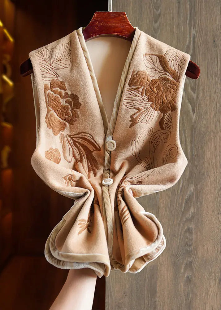 Boutique Khaki V Neck Embroideried Patchwork Woolen Vest Sleeveless Ada Fashion