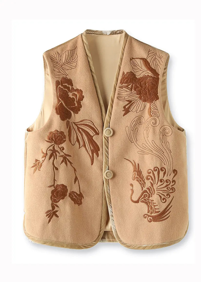 Boutique Khaki V Neck Embroideried Patchwork Woolen Vest Sleeveless Ada Fashion
