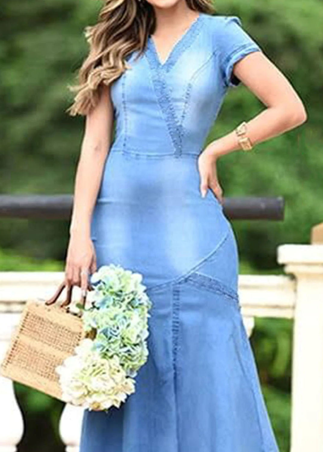 Boutique Light Blue V Neck Patchwork Slim Denim Dresses Summer LY3996 - fabuloryshop