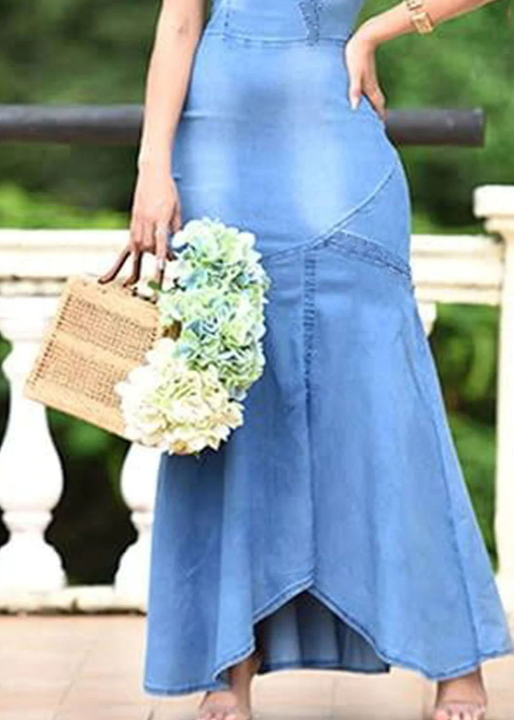 Boutique Light Blue V Neck Patchwork Slim Denim Dresses Summer LY3996 - fabuloryshop