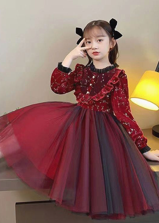 Boutique Mulberry Ruffled Patchwork Warm Fleece Baby Girls Dress Fall Ada Fashion