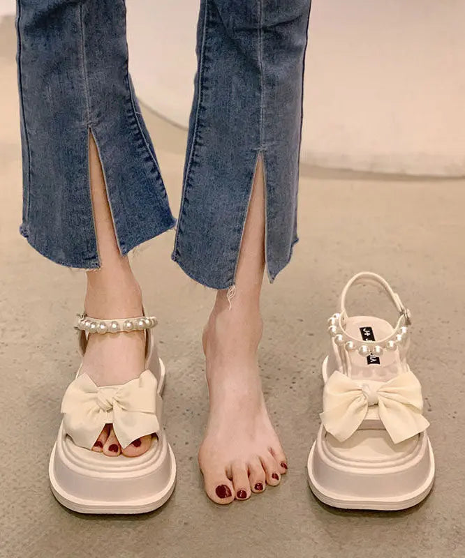 Boutique Nail Bead Bow Buckle Strap Splicing Platform Sandals Beige Ada Fashion