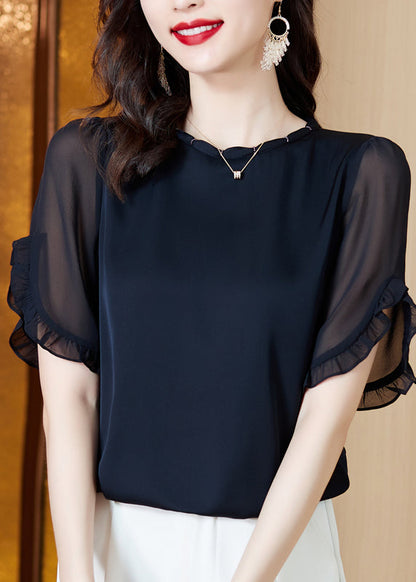 Boutique Navy O-Neck Ruffled Chiffon Shirt Summer LY0453 - fabuloryshop