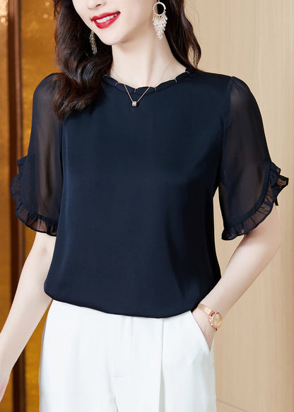 Boutique Navy O-Neck Ruffled Chiffon Shirt Summer LY0453 - fabuloryshop