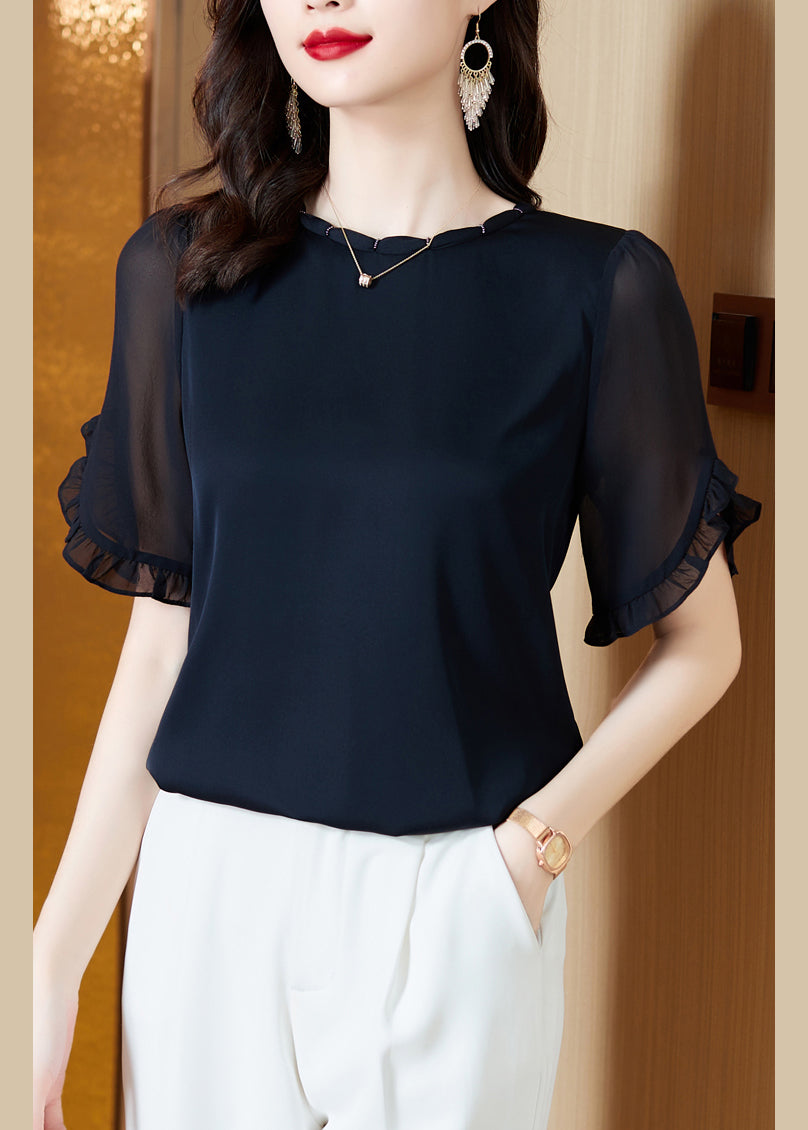 Boutique Navy O-Neck Ruffled Chiffon Shirt Summer LY0453 - fabuloryshop