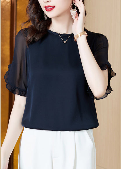 Boutique Navy O-Neck Ruffled Chiffon Shirt Summer LY0453 - fabuloryshop