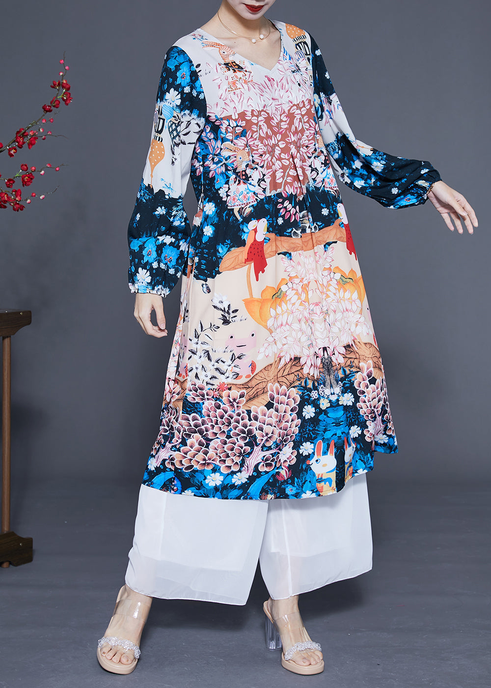 Boutique Navy Print Oversized Silk Holiday Dress Summer LC0377 - fabuloryshop