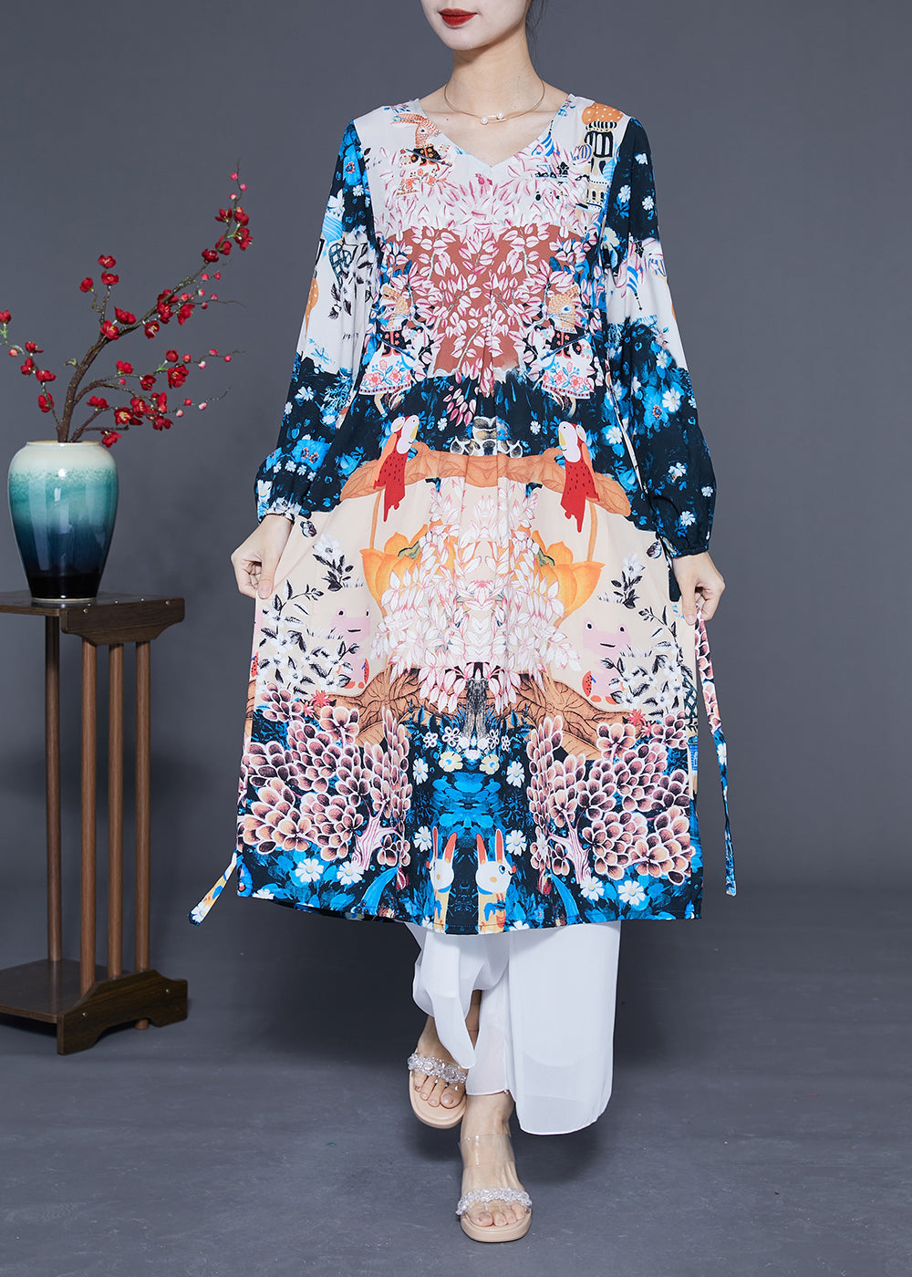 Boutique Navy Print Oversized Silk Holiday Dress Summer LY1107 - fabuloryshop