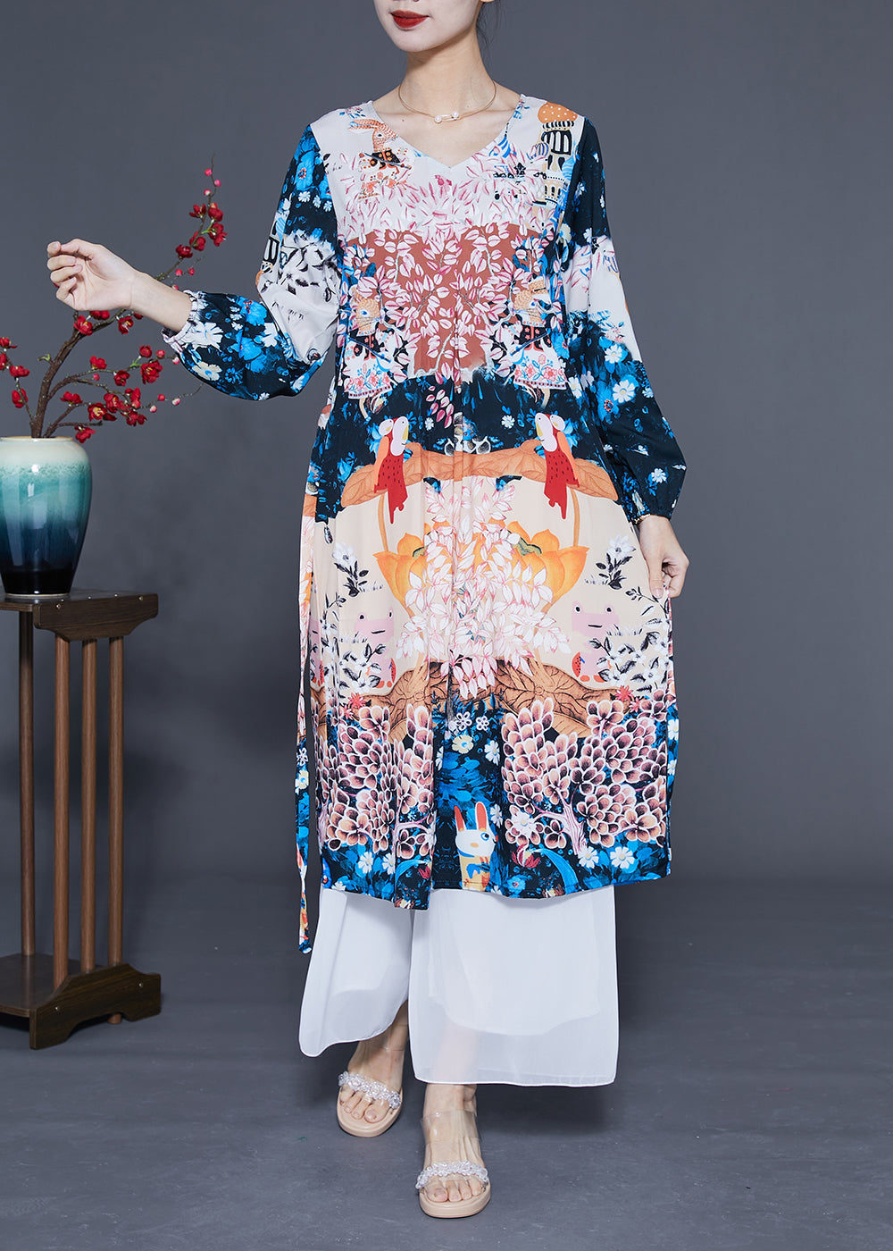 Boutique Navy Print Oversized Silk Holiday Dress Summer LY1107 - fabuloryshop
