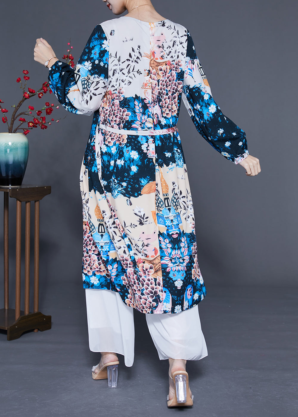 Boutique Navy Print Oversized Silk Holiday Dress Summer LY1107 - fabuloryshop