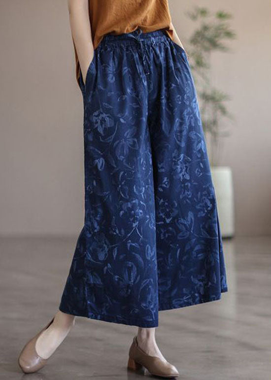 Boutique Navy Print Pockets Patchwork Cotton Wide Leg Pants Summer LY4655 - fabuloryshop