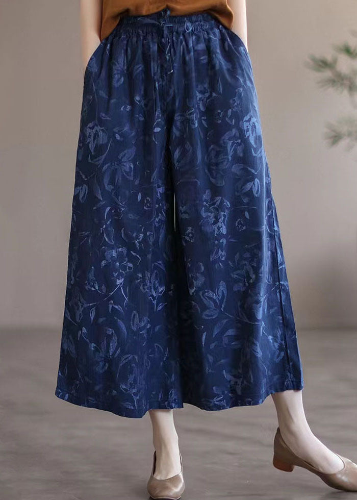 Boutique Navy Print Pockets Patchwork Cotton Wide Leg Pants Summer LY4655 - fabuloryshop
