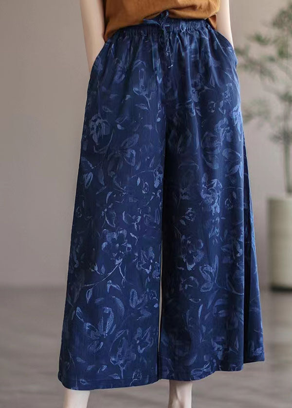 Boutique Navy Print Pockets Patchwork Cotton Wide Leg Pants Summer LY4655 - fabuloryshop