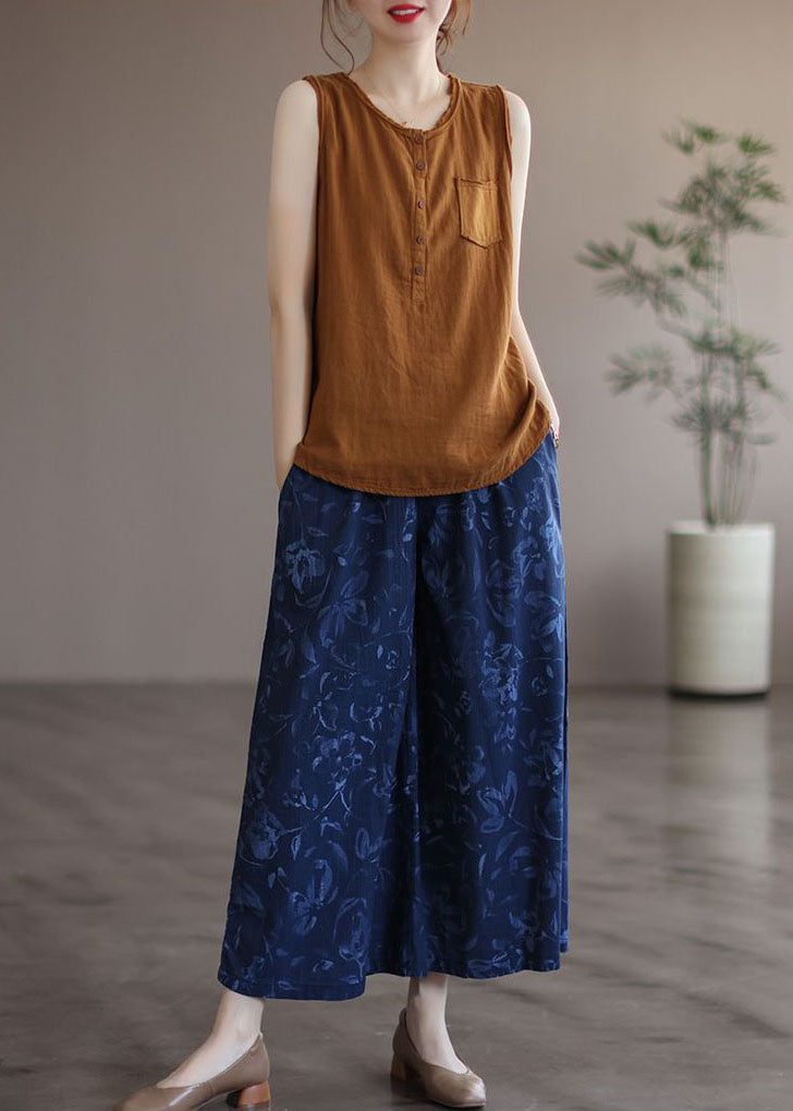 Boutique Navy Print Pockets Patchwork Cotton Wide Leg Pants Summer LY4655 - fabuloryshop