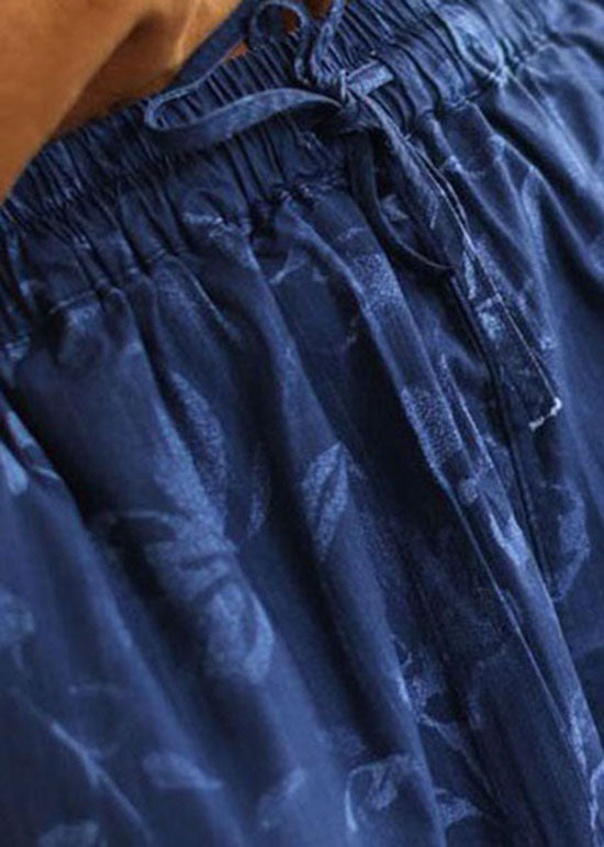 Boutique Navy Print Pockets Patchwork Cotton Wide Leg Pants Summer LY4655 - fabuloryshop