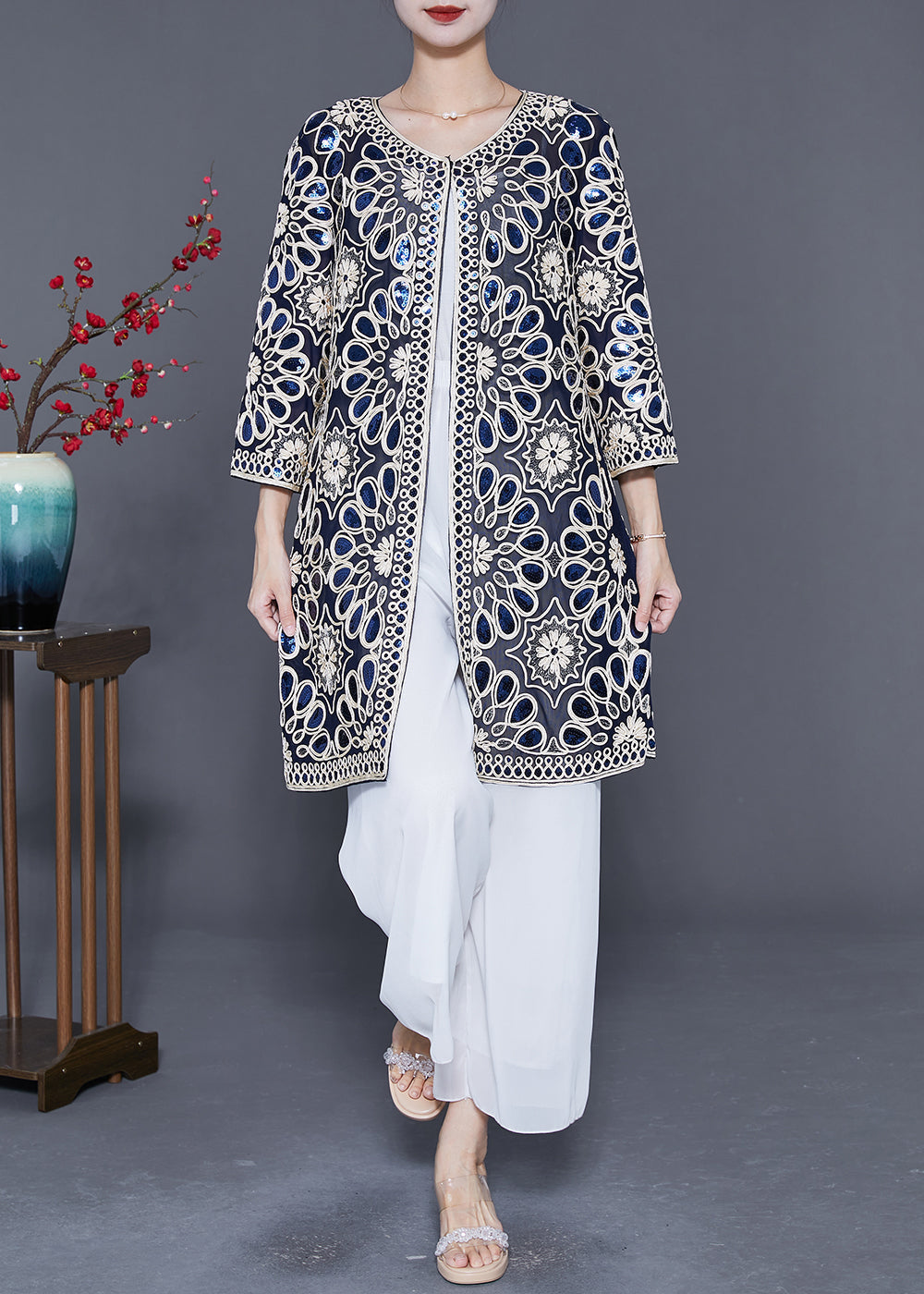 Boutique Navy Sequins Oversized Tulle Long Cardigan Summer LY5555 - fabuloryshop