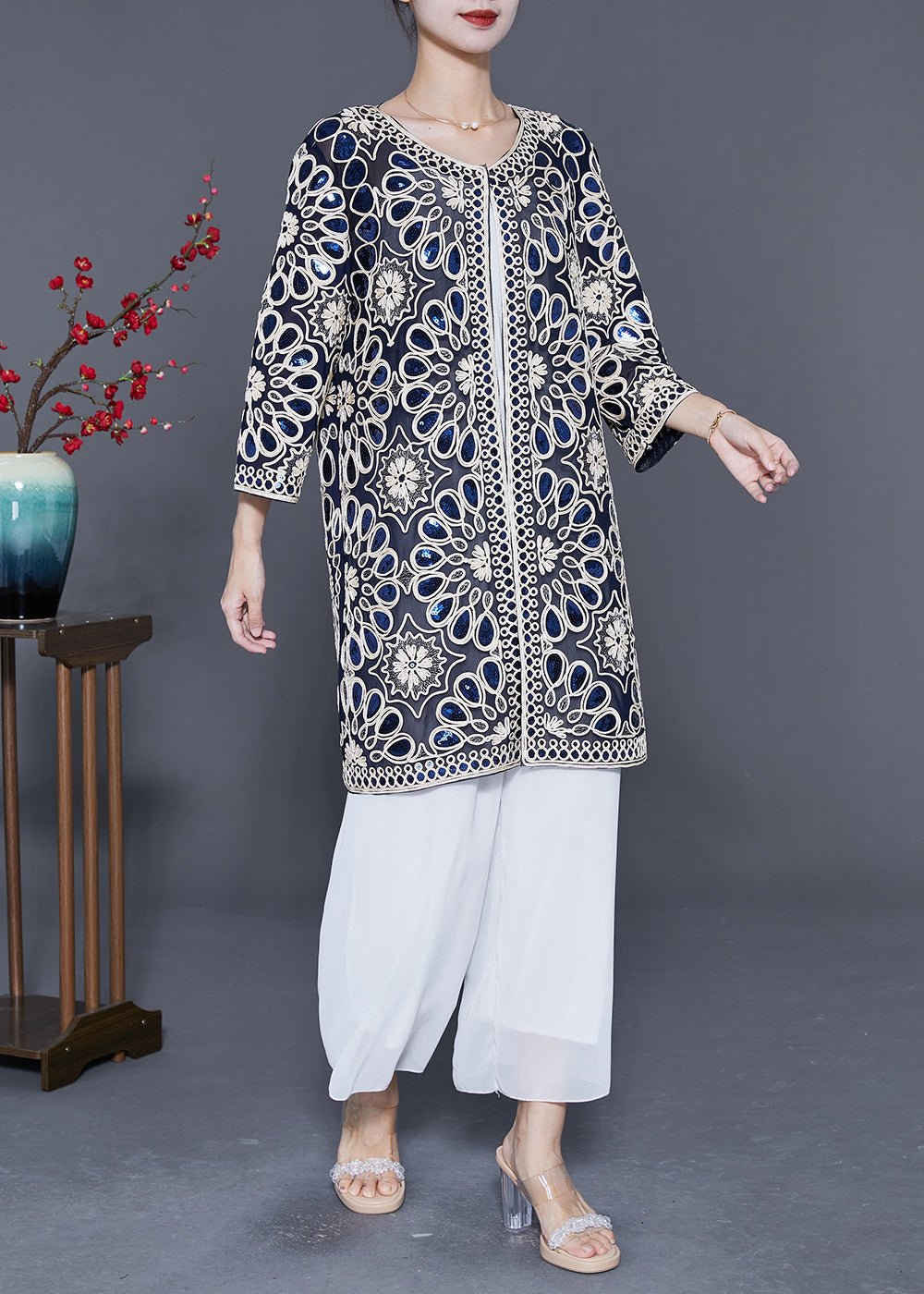 Boutique Navy Sequins Oversized Tulle Long Cardigan Summer LY5555 - fabuloryshop