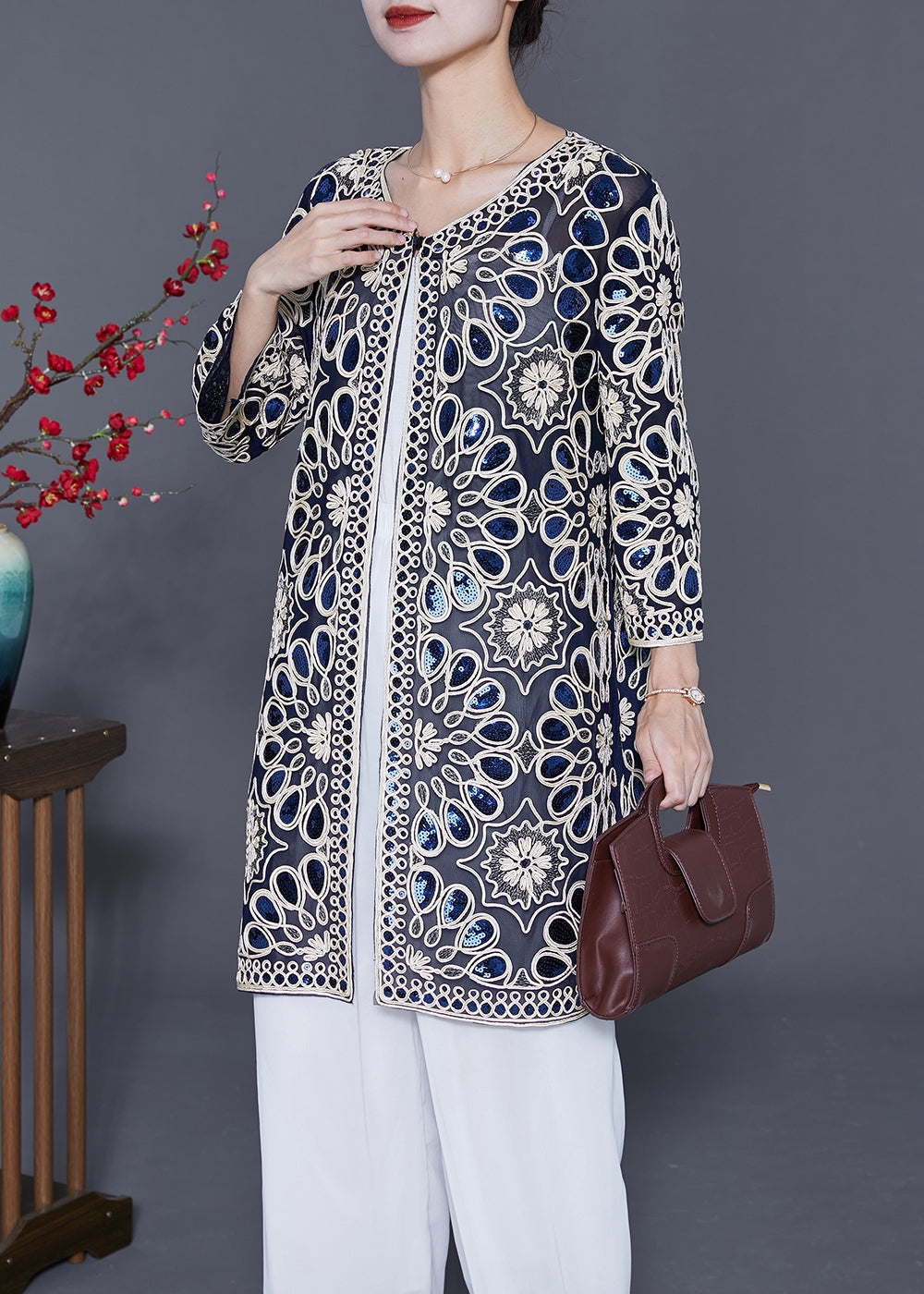 Boutique Navy Sequins Oversized Tulle Long Cardigan Summer LY5555 - fabuloryshop
