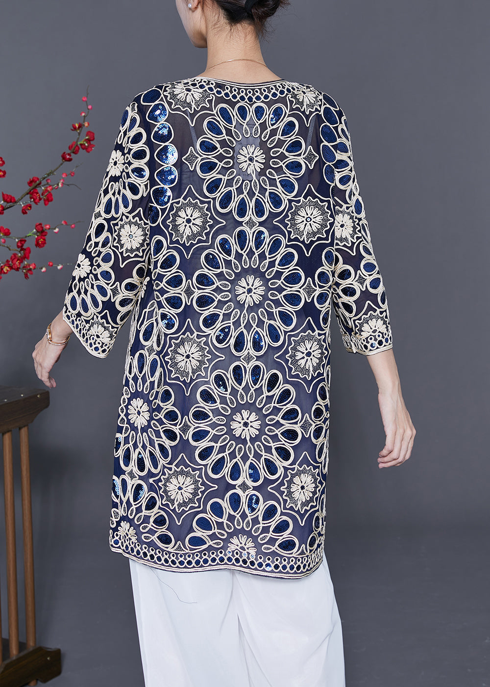 Boutique Navy Sequins Oversized Tulle Long Cardigan Summer LY5555 - fabuloryshop