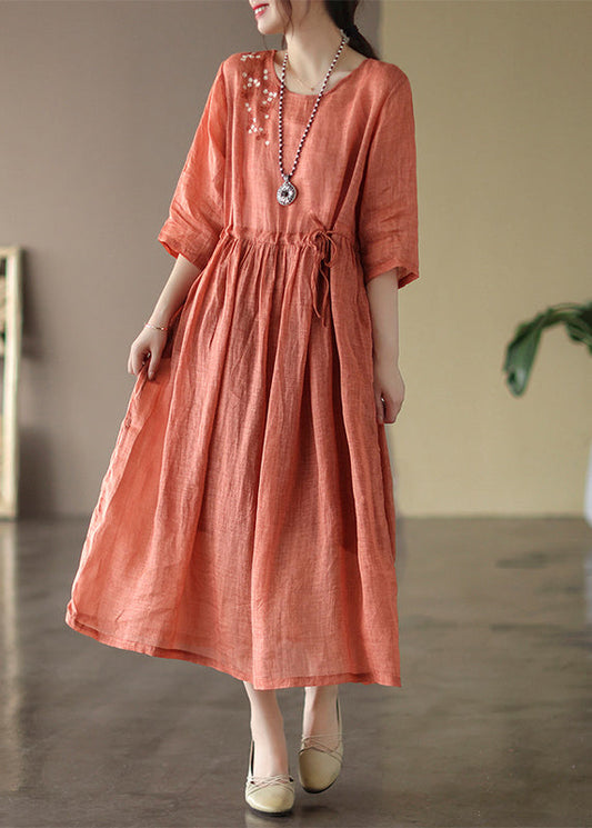 Boutique Orange O-Neck Cinched Patchwork Solid Linen Long Dress Summer LY2849 - fabuloryshop