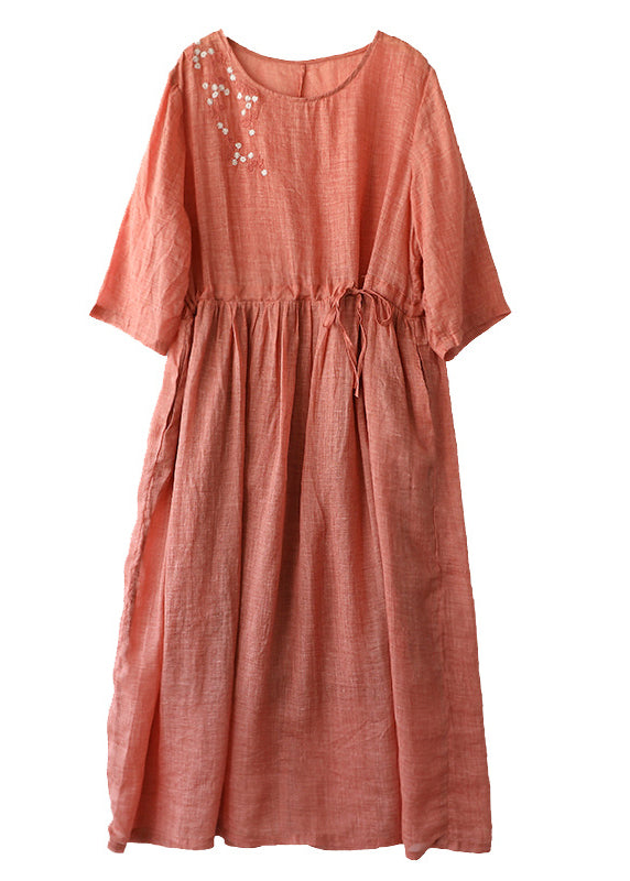 Boutique Orange O-Neck Cinched Patchwork Solid Linen Long Dress Summer LY2849
