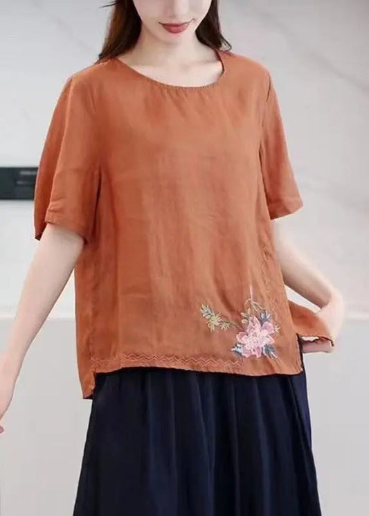 Boutique Orange O-Neck Embroideried Low High Design Ramie T Shirt Summer Ada Fashion