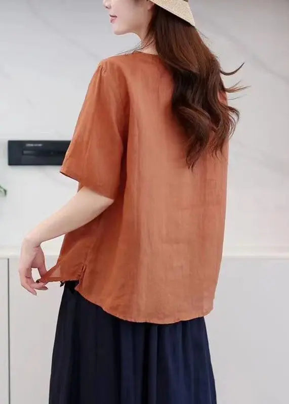 Boutique Orange O-Neck Embroideried Low High Design Ramie T Shirt Summer Ada Fashion