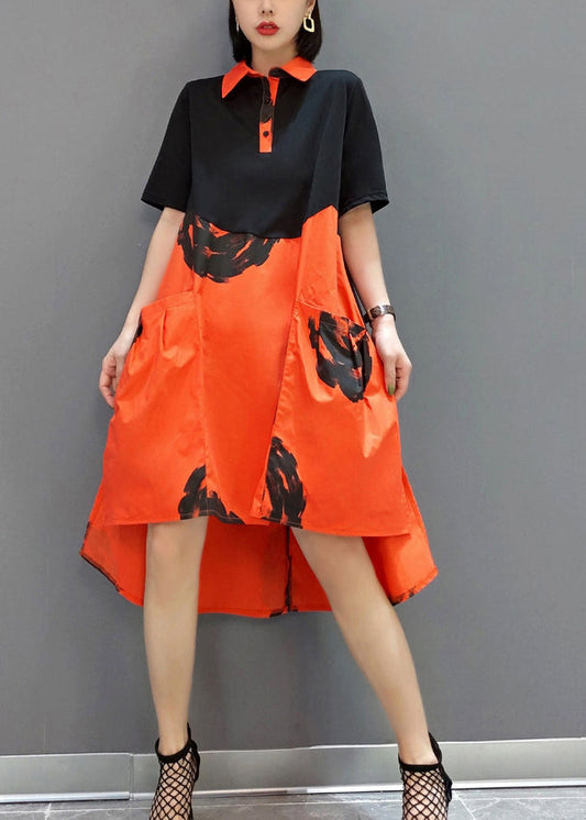 Boutique Orange Peter Pan Collar Patchwork Print Cotton Robe Dresses Short Sleeve LY0553 - fabuloryshop