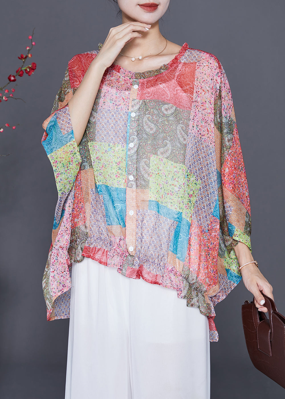 Boutique Oversized Print Wrinkled Chiffon Blouse Top Batwing Sleeve Ada Fashion