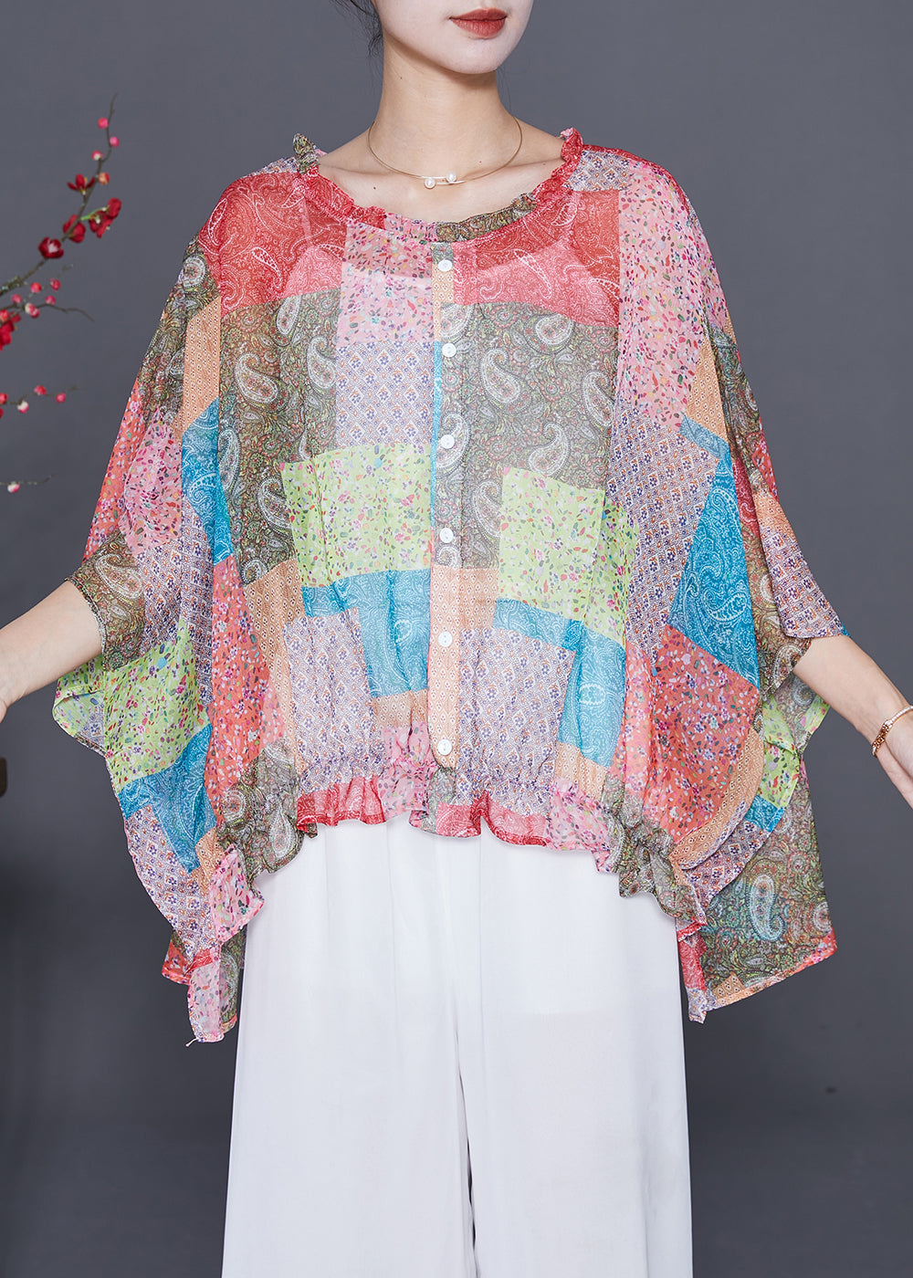 Boutique Oversized Print Wrinkled Chiffon Blouse Top Batwing Sleeve Ada Fashion