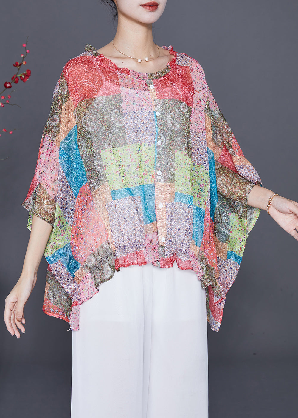 Boutique Oversized Print Wrinkled Chiffon Blouse Top Batwing Sleeve Ada Fashion