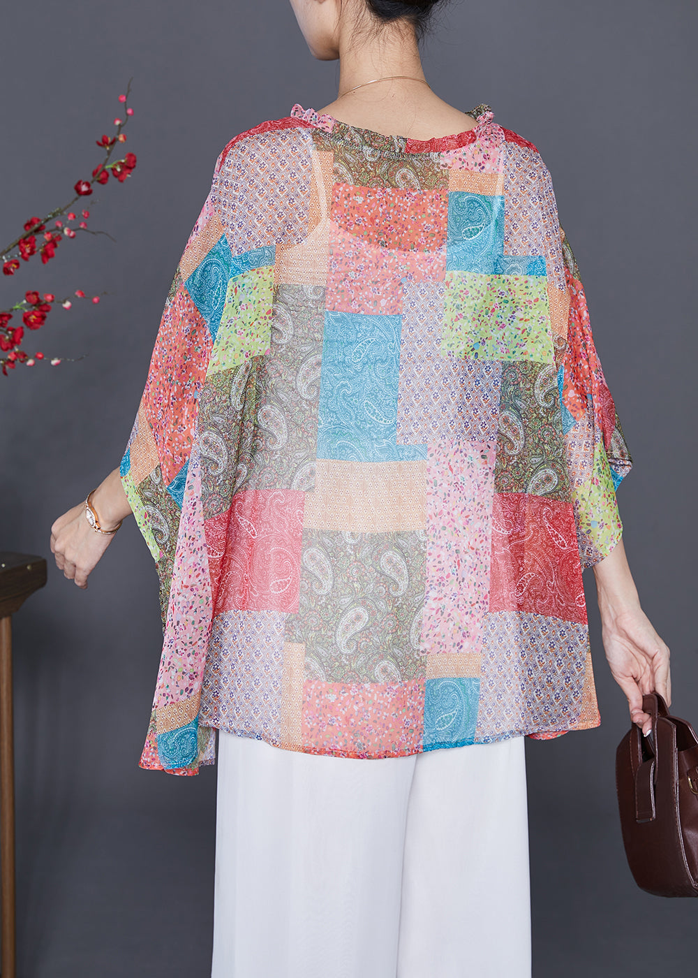Boutique Oversized Print Wrinkled Chiffon Blouse Top Batwing Sleeve Ada Fashion