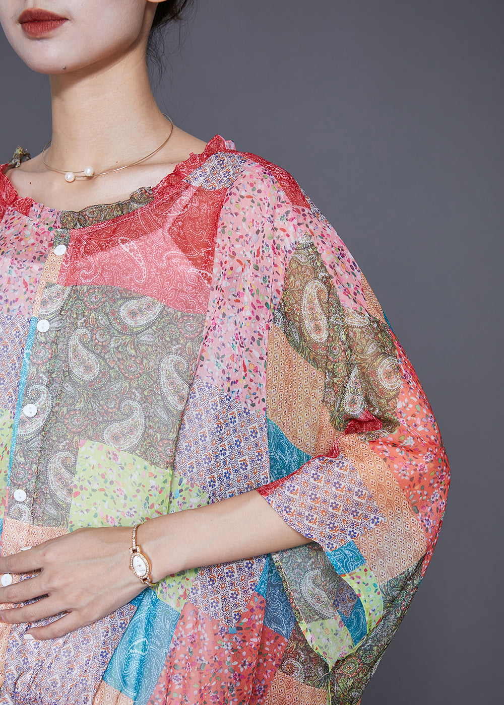 Boutique Oversized Print Wrinkled Chiffon Blouse Top Batwing Sleeve Ada Fashion