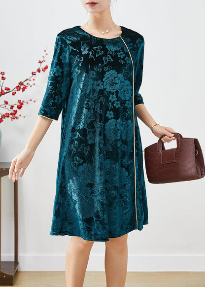 Boutique Peacock Green Jacquard Silk Velour Mid Dress Half Sleeve Ada Fashion