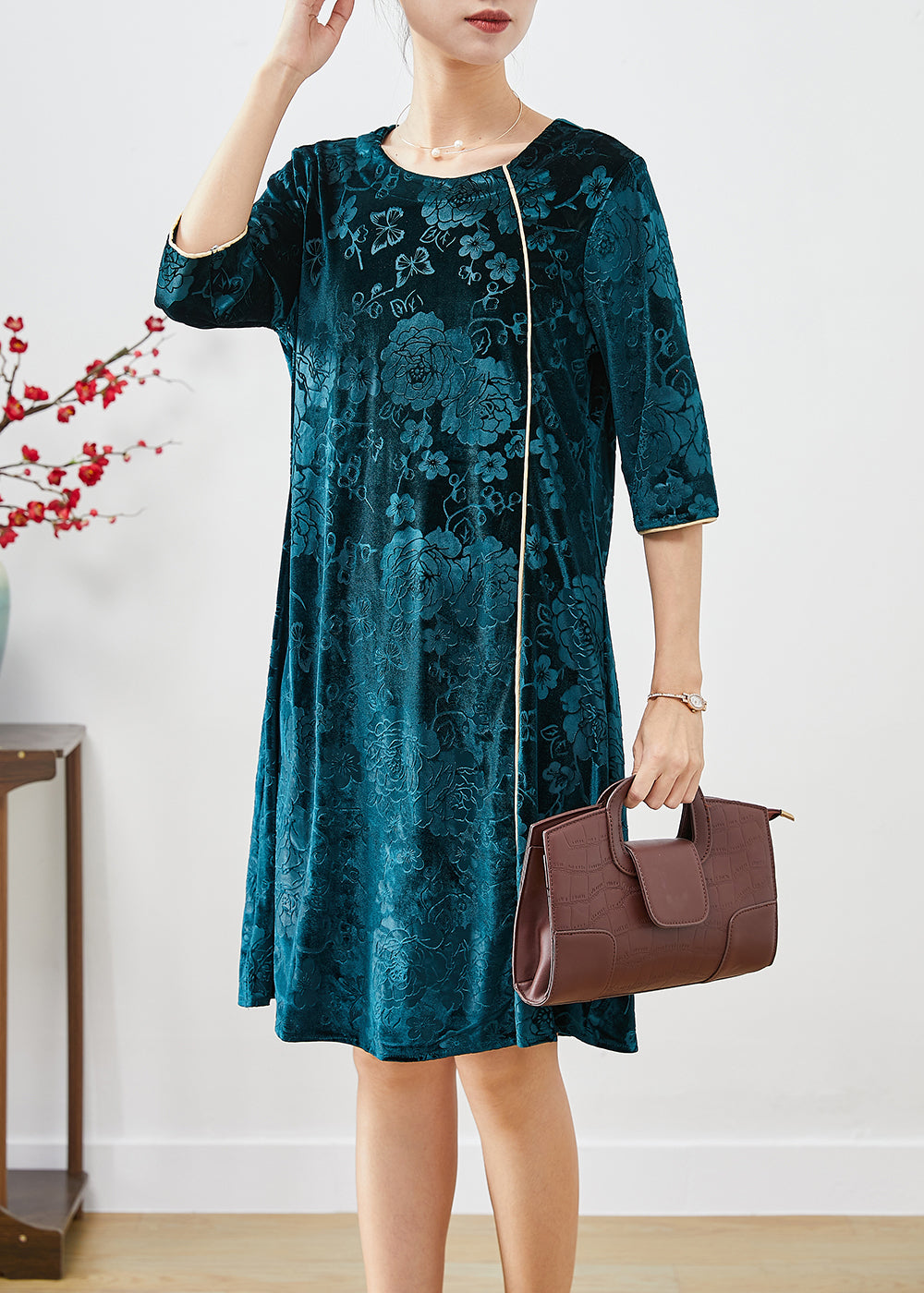 Boutique Peacock Green Jacquard Silk Velour Mid Dress Half Sleeve Ada Fashion