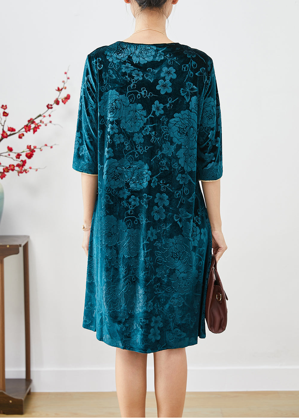 Boutique Peacock Green Jacquard Silk Velour Mid Dress Half Sleeve Ada Fashion