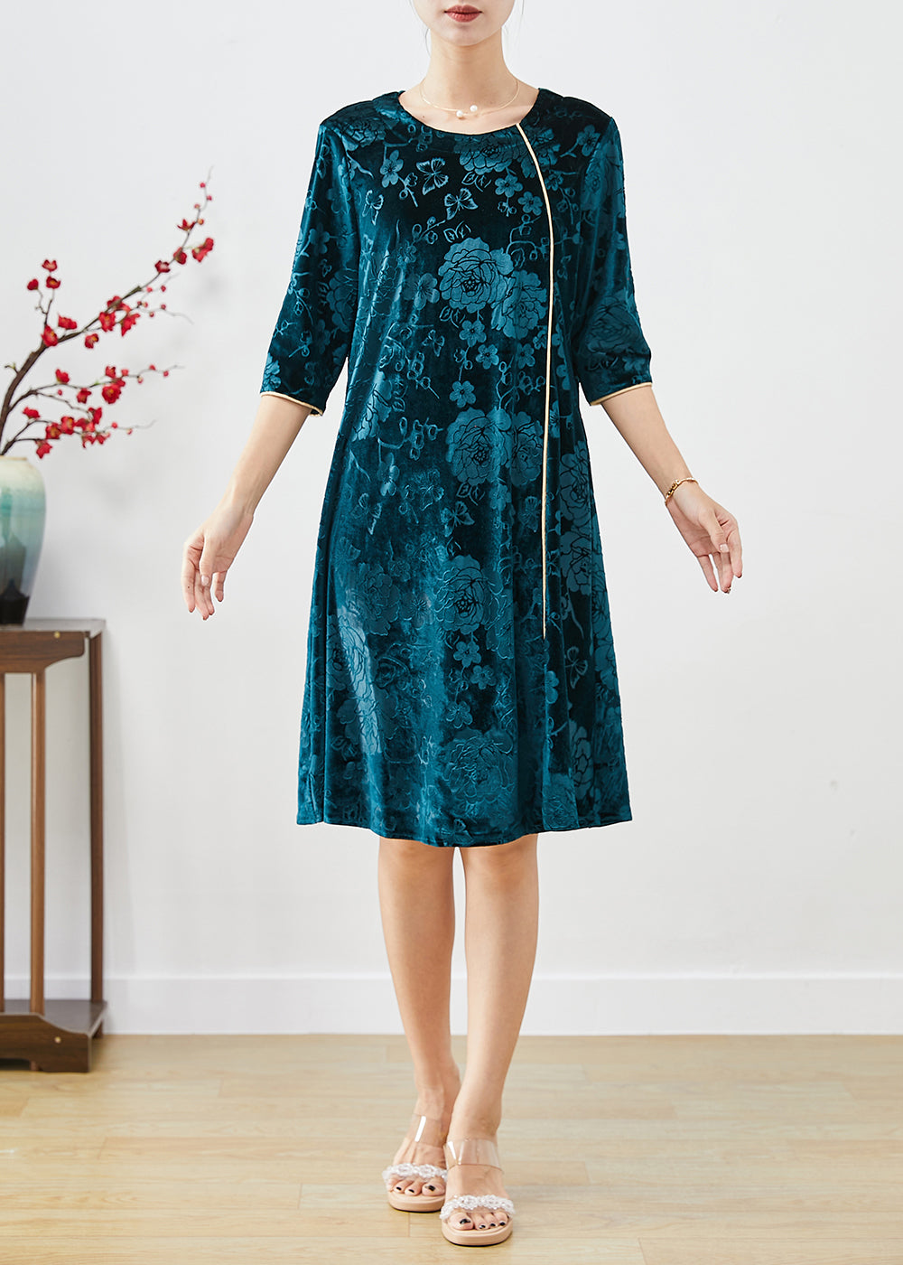 Boutique Peacock Green Jacquard Silk Velour Mid Dress Half Sleeve Ada Fashion