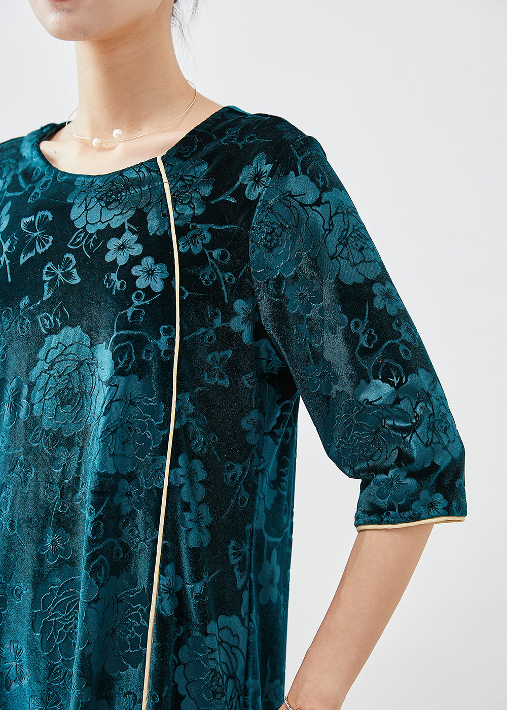 Boutique Peacock Green Jacquard Silk Velour Mid Dress Half Sleeve Ada Fashion