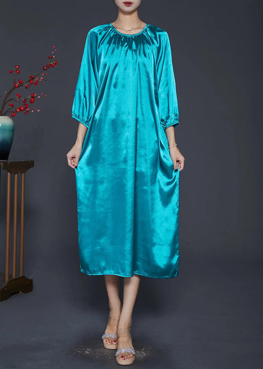 Boutique Peacock Green O-Neck Draping Silk Long Dresses Bracelet Sleeve Ada Fashion