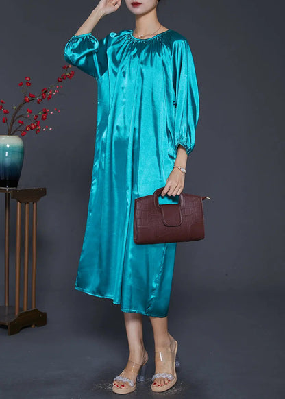 Boutique Peacock Green O-Neck Draping Silk Long Dresses Bracelet Sleeve Ada Fashion