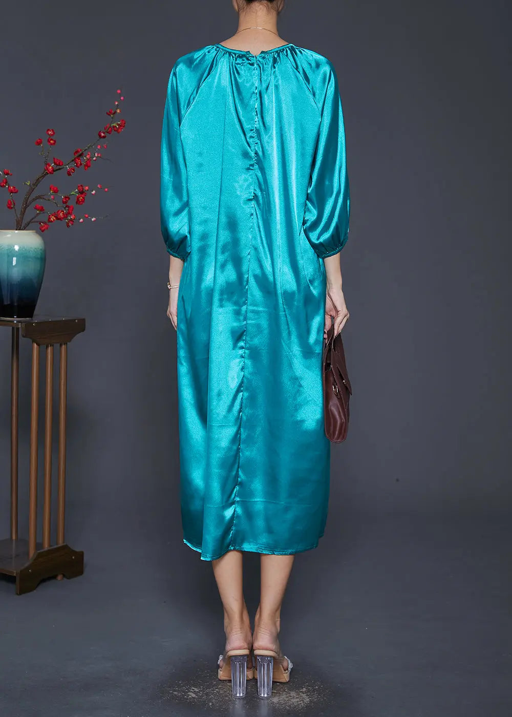 Boutique Peacock Green O-Neck Draping Silk Long Dresses Bracelet Sleeve Ada Fashion