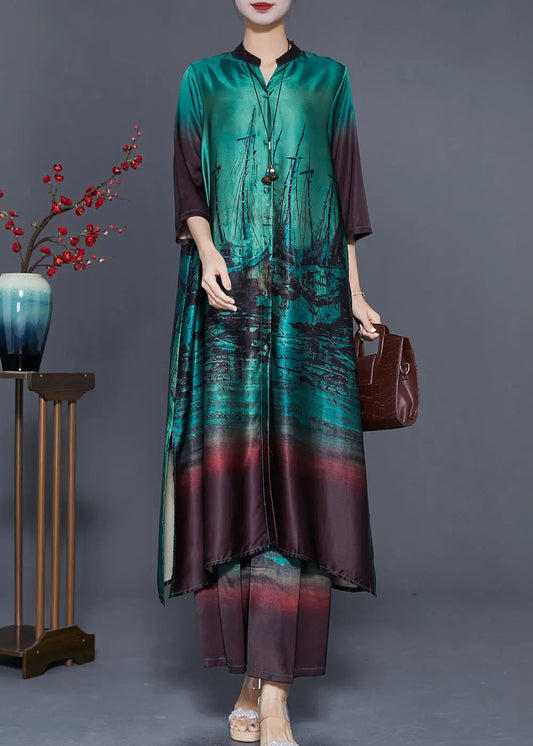 Boutique Peacock Green Print Side Open Silk Women Sets 2 Pieces Summer Ada Fashion