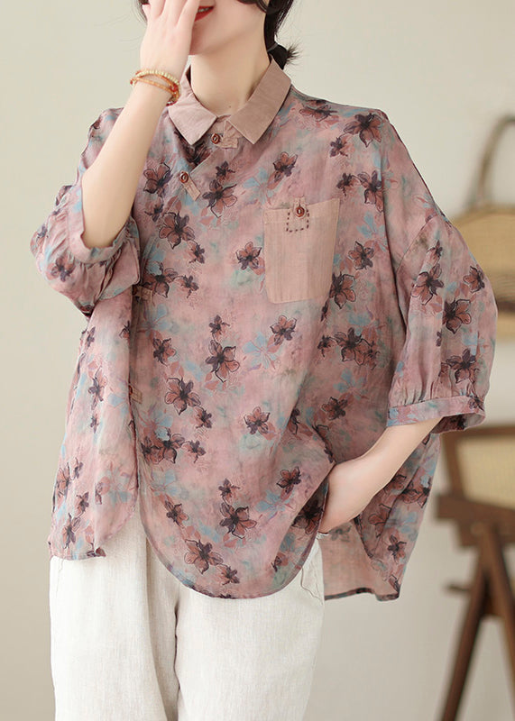 Boutique Pink Asymmetrical Print Linen Top Summer Ada Fashion