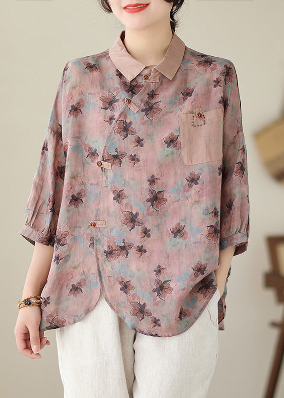 Boutique Pink Asymmetrical Print Linen Top Summer Ada Fashion