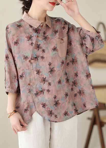 Boutique Pink Asymmetrical Print Linen Top Summer Ada Fashion