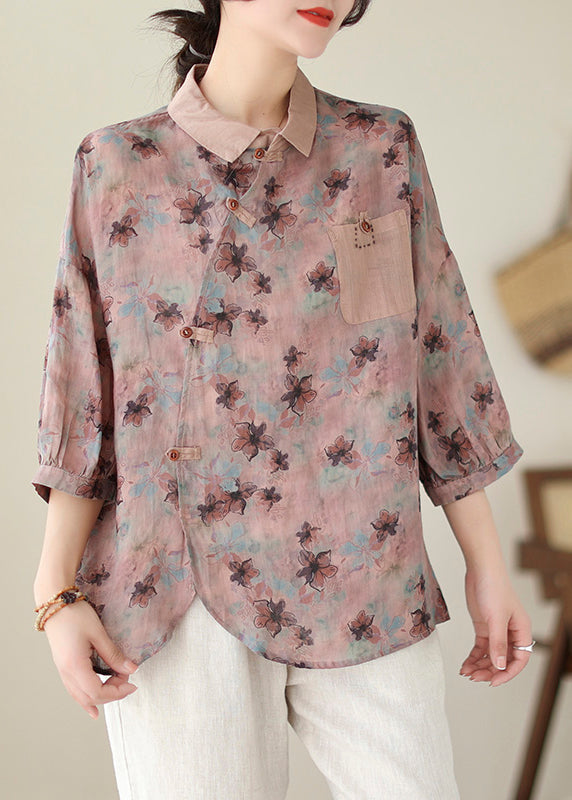 Boutique Pink Asymmetrical Print Linen Top Summer Ada Fashion