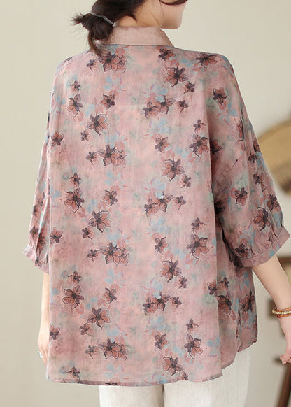 Boutique Pink Asymmetrical Print Linen Top Summer Ada Fashion