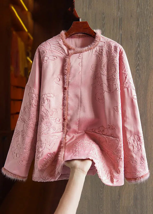 Boutique Pink Embroideried Mink Hair Patchwork Parka Winter Ada Fashion