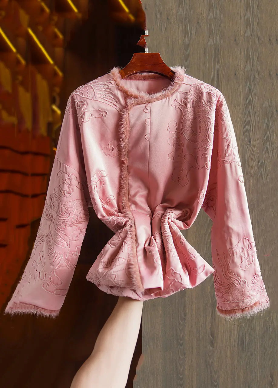 Boutique Pink Embroideried Mink Hair Patchwork Parka Winter Ada Fashion