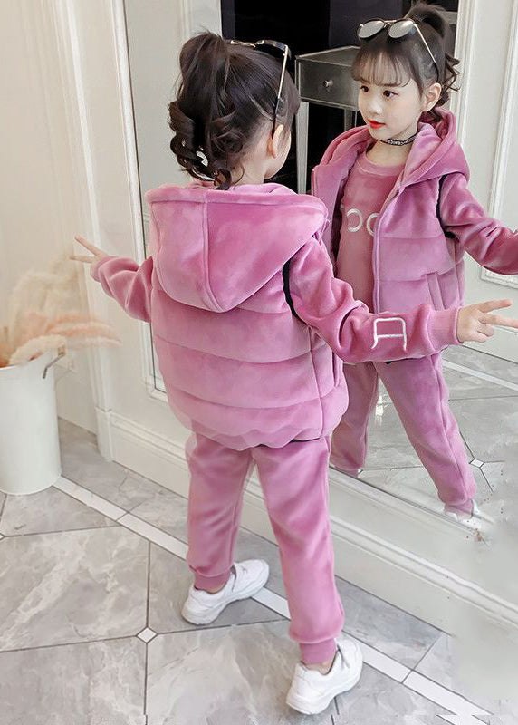 Boutique Pink Embroideried Tops And Pants Velour Girls Two Pieces Set Winter Ada Fashion